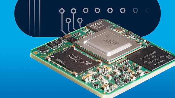 TQ-Embedded Modul TQMa64xxL mit hellblauem und dunkelblauem Hintergrund