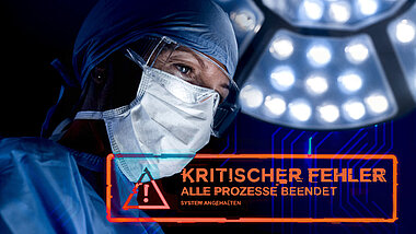 Arzt mit Mundschutz und einer OP Leuchte im Hintergrund