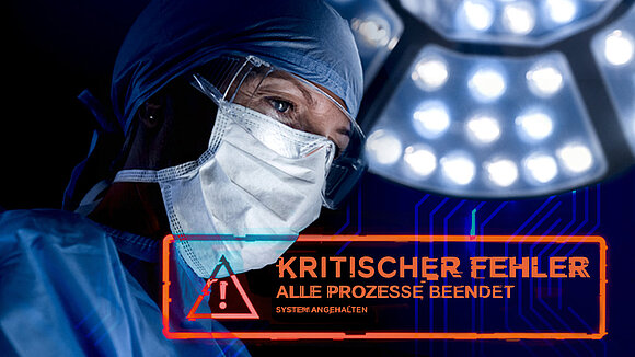 Arzt mit Mundschutz und einer OP Leuchte im Hintergrund