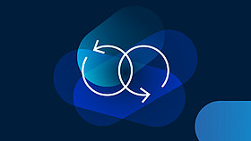 White icon two arrow circles inside each other on a blue background