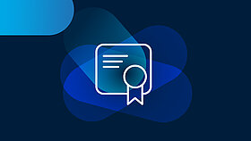 White certificate icon on dark blue background