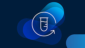 Icon of a circle shaped like an arrow with a test tube in the center
