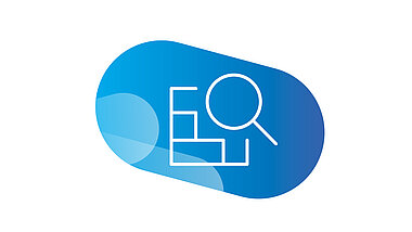 Icon of a magnifying glass in front of various rectangles