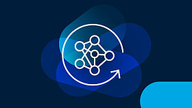 Icon of a circle shaped like an arrow with molecules in the center