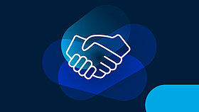 White partnership icon on a blue background