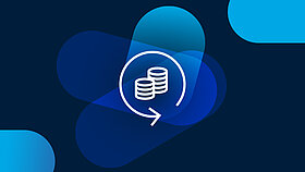 White icon of coins in a circle on a dark blue background