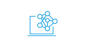 Blue laptop icon with interlocking circles on a white background
