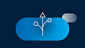White icon of an arrow branching off into a circle and a rectangle