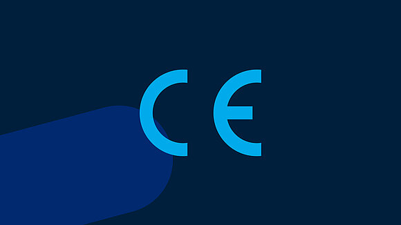 CE logo on a dark blue background