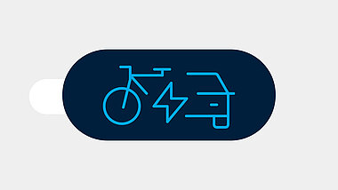 Blue icon of half a bicycle and half a car with a lightning bolt in the middle