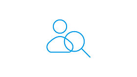Blue icon of a person with a magnifying glass on a white background