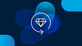 White icon arrow as a circle with a diamond in the center on a dark blue background