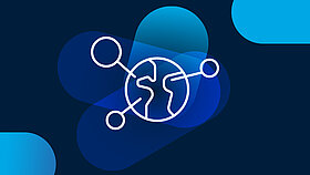 White icon global partner network on blue background