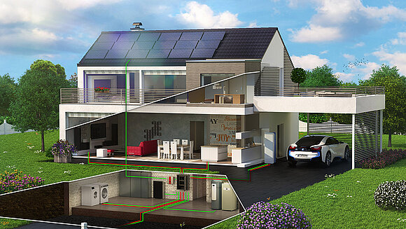 Cross-section view of a home with energy flow