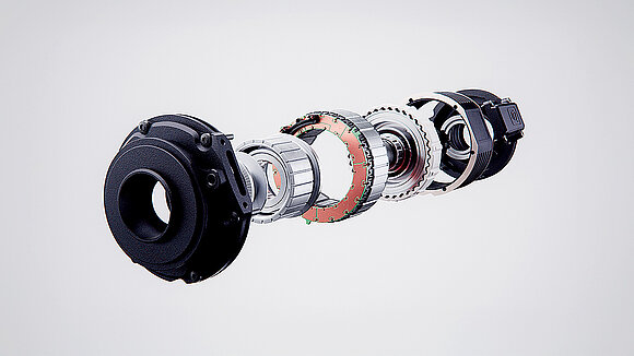 Exploded view of a TQ motor connected to a gearbox