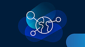 White globe icon on dark blue background