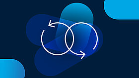 White icons two arrows in the shape of a circle on a blue background