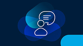 White icon of a person with speech bubble on a dark blue background