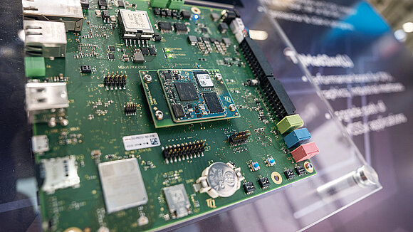 Detailed view of TQ's embedded module on an exhibition wall