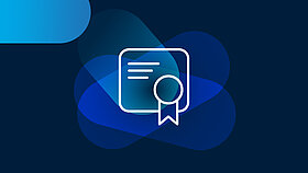 White icon certification on blue background