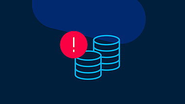 Light blue icons of coins with red exclamation marks on a dark blue background