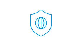 Blue globe icon inside a shield on a white background