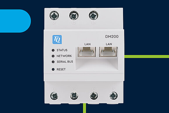 Product image DM200 from TQ-Automation with blue background and green stripe