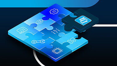 Blaue Puzzle-Grafik mit Technologie-Icons; ein dunkles Teil mit TQ-Logo wird eingefügt.