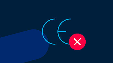 Light blue CE icon with a red "x" on a dark blue background