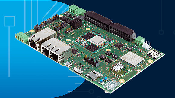 TQ-Embedded Modul STKa64xxL mit hellblauem und dunkelblauem Hintergrund