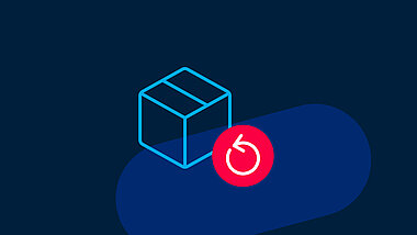 A light blue icon of a package with a red arrow-circle on a dark blue background