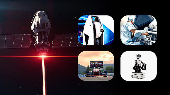 Various image excerpts from TQ-RoboDrive's industry sectors, including aerospace and medical technology