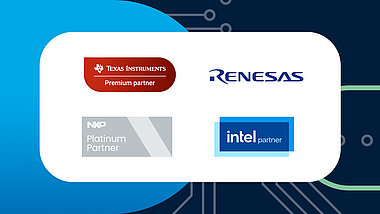 Logos der Hersteller Texas Instruments, Renesas, NXP und Intel