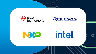 Logos der Hersteller Texas Instruments, Renesas, NXP und Intel