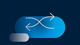 White icon of two intersecting arrows on a blue background