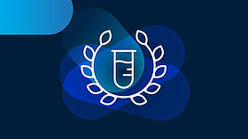White icon of a laurel wreath with a test tube in the center