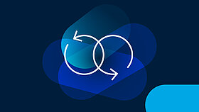 White icon two circles as arrows inside each other on dark blue background