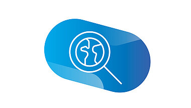 Icon of a magnifying glass with a globe