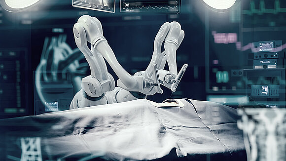 A surgical robot arm in an operating room