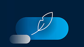 White icon of a feather on a blue background