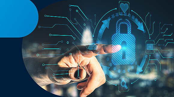 A hand touches a digital lock, symbolizing cybersecurity