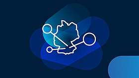 White icon map of Germany with pins on a blue background