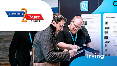 Zwei Männer im Gespräch auf einem Messestand mit dem Logo Design2Part