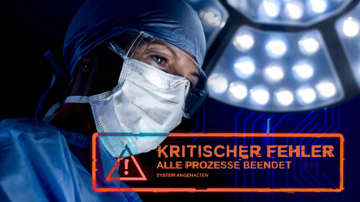 Arzt mit Mundschutz und einer OP Leuchte im Hintergrund