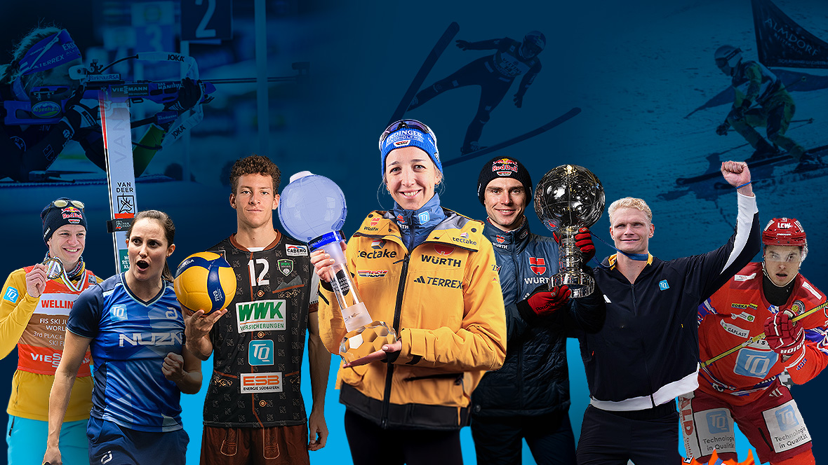 Andreas Wellinger, Sabine Winter, Laurenz Welsch, Franziska Preuß, Vinzenz Geiger, Oliver Zeidler und ein Eishockey Spieler