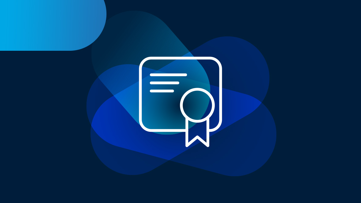 Weißes Icon Zertifizierung auf blauem Hintergrund