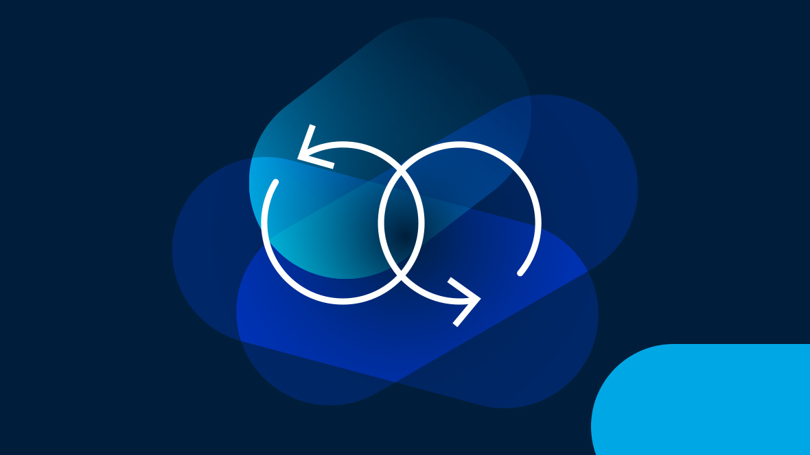 White icon two circles as arrows inside each other on dark blue background