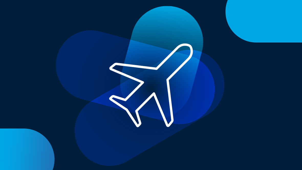 White airplane icon on dark blue background