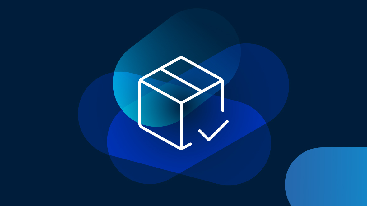 White icon of a package on a dark blue background