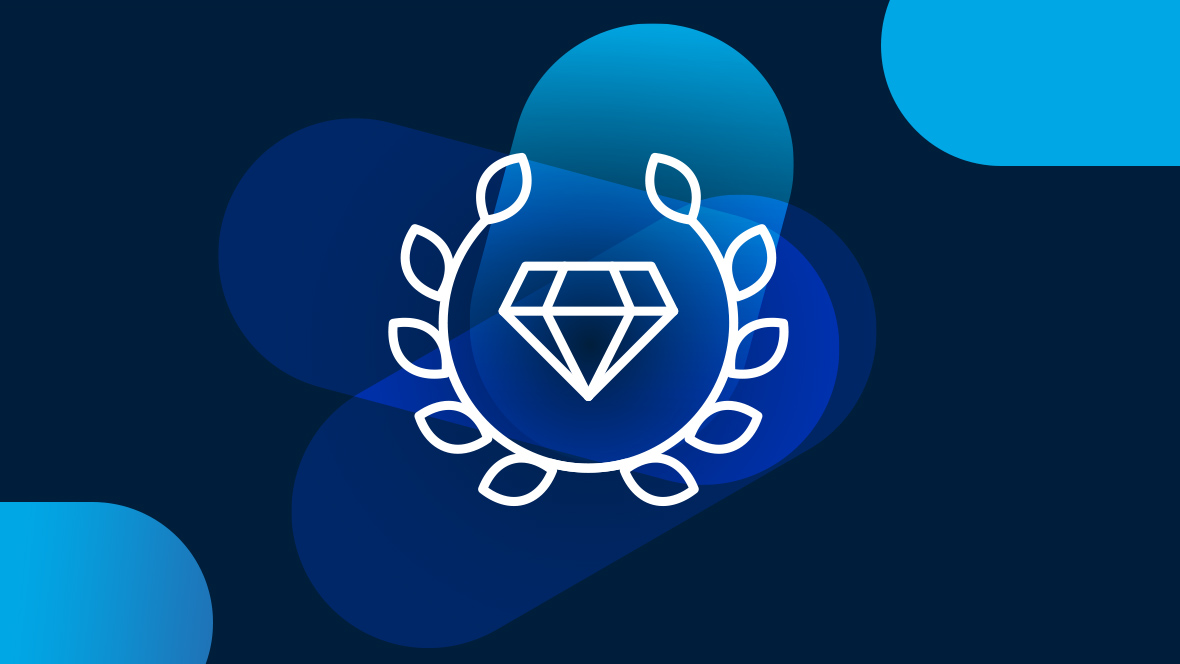 White icon of a diamond with a wreath on a dark blue background